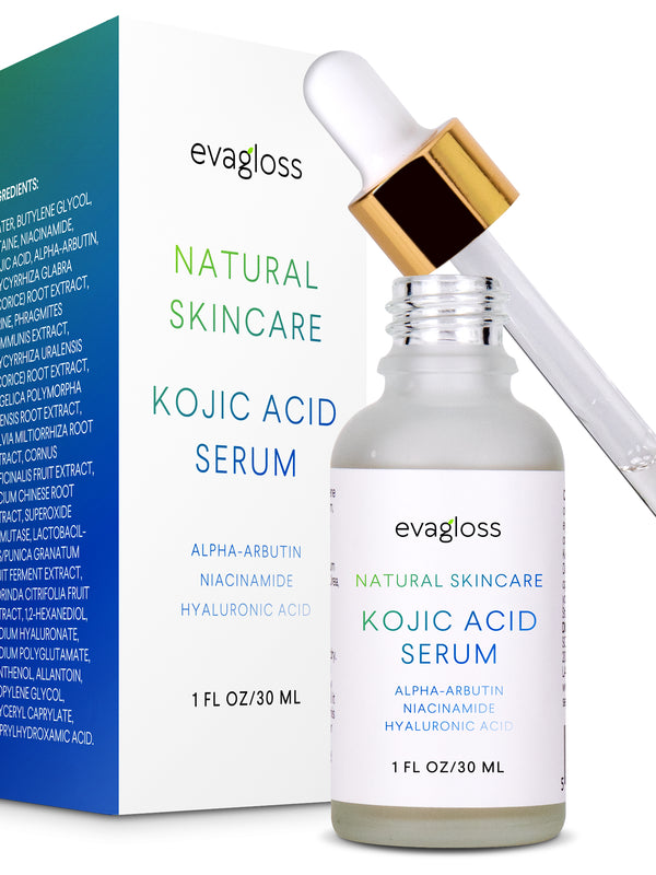 Evagloss Kojic Acid Serum with Arbutin for Face and Body - Best Natural and Gentle Treatment for Skin Discoloration for All Skin Types, 1oz.