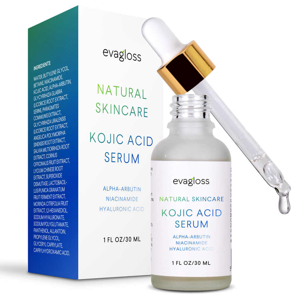 Evagloss Kojic Acid Serum with Arbutin for Face and Body - Best Natural and Gentle Treatment for Skin Discoloration for All Skin Types, 1oz.
